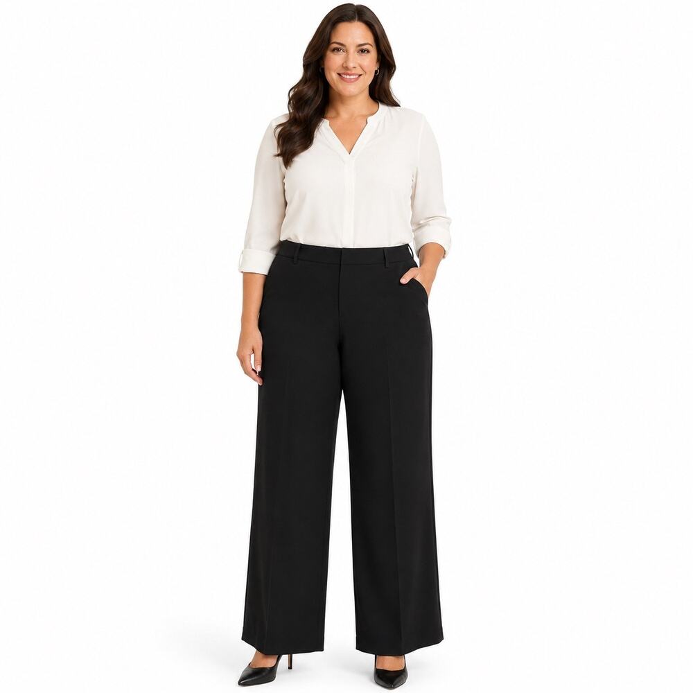 Nine West Women's 16 Wide Leg Dress Pants Black Elastic Waist
